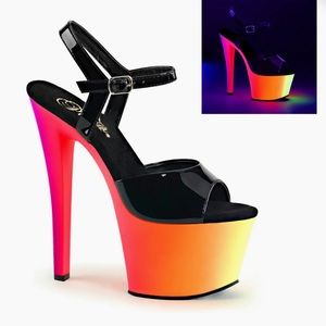 Pleaser Black and Pink/Orange/Yellow Platform Heels